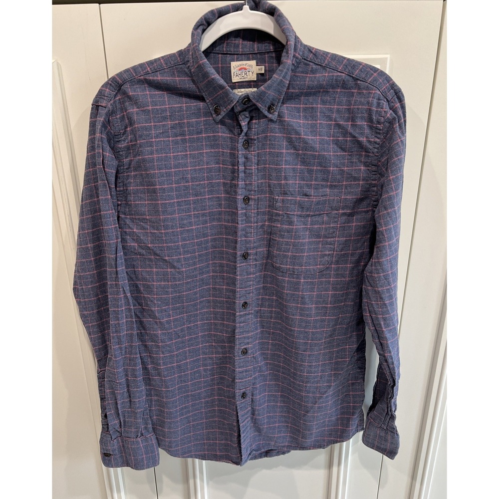 Faherty Button Down Shirt Blue Pink Check Flannel Preppy Organic Cotton